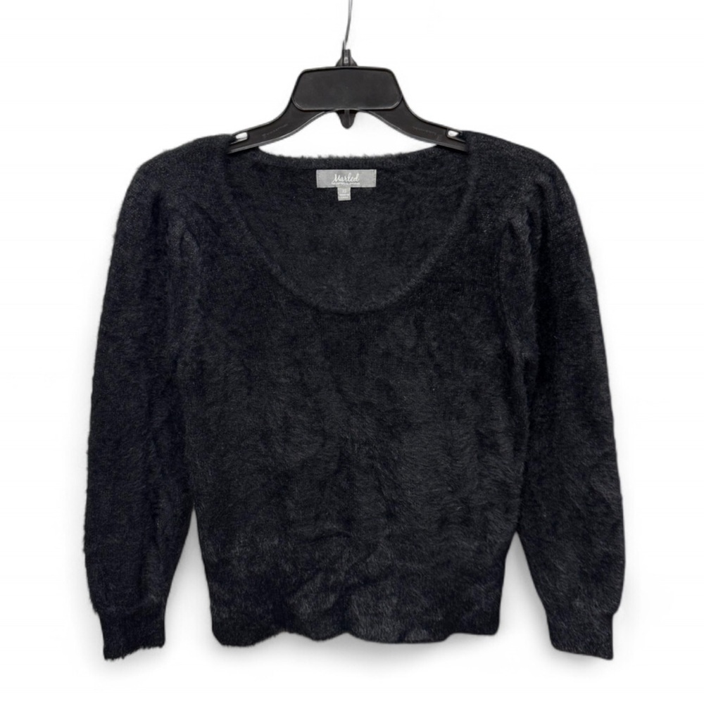 Marled by Reunited Clothing Fuzzy Scoop Neck Eyelash Knit Sweater Black, Size XS